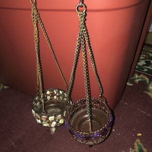 Brown and Purple Filigree Candle Holders with Chains. Vintage hanging holders in